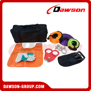 11 Pieces Recovery Kit, 1 Pc of 65 Ft, 30 Ft and 10 Ft Snatch Strap, 2 Pc 4.75T Shackle, 1 Winch Snatch Block, 1 Folding Shovel, Pair of Leather Gloves, 1 Recovery Damper with Kit Bag