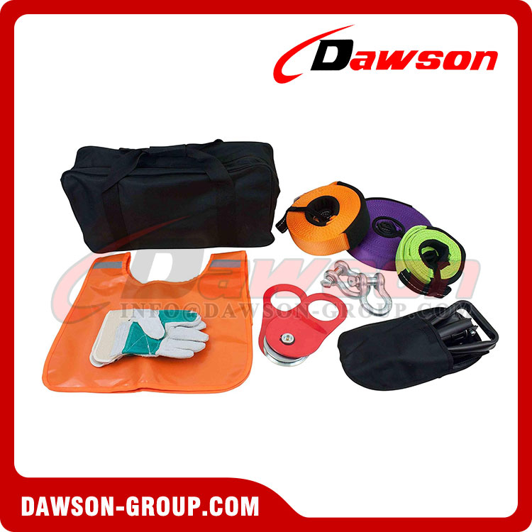 11 Pieces Recovery Kit, 1 Pc of 65 Ft, 30 Ft and 10 Ft Snatch Strap, 2 Pc 4.75T Shackle, 1 Winch Snatch Block, 1 Folding Shovel, Pair of Leather Gloves, 1 Recovery Damper with Kit Bag