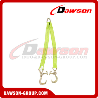 V Bridle Tow Strap 3'' x 36'' with 8'' Mini J Hooks, T-J Hooks, Hi VIZ High Abrasion Green Webbing, 5400 lbs WLL, Recovery V-Strap with Reinforced Webbing for Towing, Wrecker