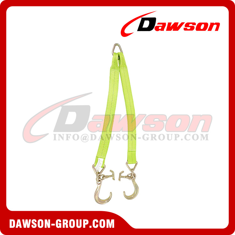 V Bridle Tow Strap 3'' x 36'' with 8'' Mini J Hooks, T-J Hooks, Hi VIZ High Abrasion Green Webbing, 5400 lbs WLL, Recovery V-Strap with Reinforced Webbing for Towing, Wrecker