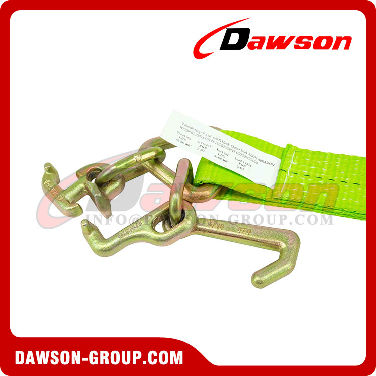 Tow Straps V Bridle 3''×24'' with RTJ Clusters, Hi VIZ/HI Abrasion Green Webbing, 4700 lbs WLL, Recovery V Strap with Reinforced Webbing for Towing, Wrecker, Rollback, Car Hauler