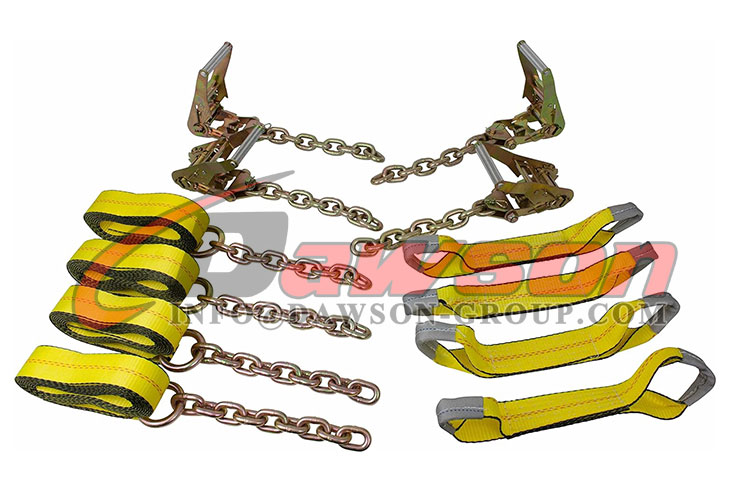 Mega Cargo 8 Point Roll Back Tie Down Kit - Yellow Straps With Blue Sleeves, Chain Extensions