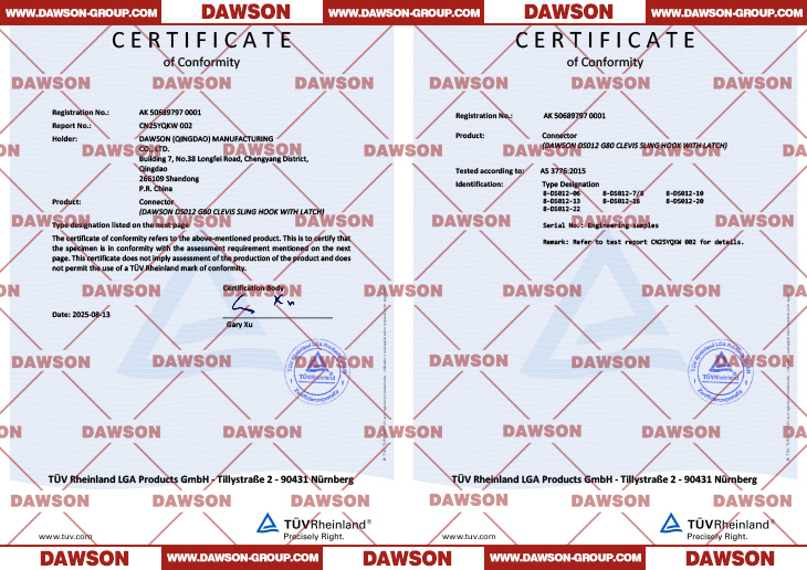 TUV AK Certificate, Certificate of Conformity (CoC) by TUV for Australia & New Zealand Standard ABOUT DAWSON DS012 G80 Clevis Sling Hook - Dawson Group Ltd. - China Manufacturer, Supplier, Factory