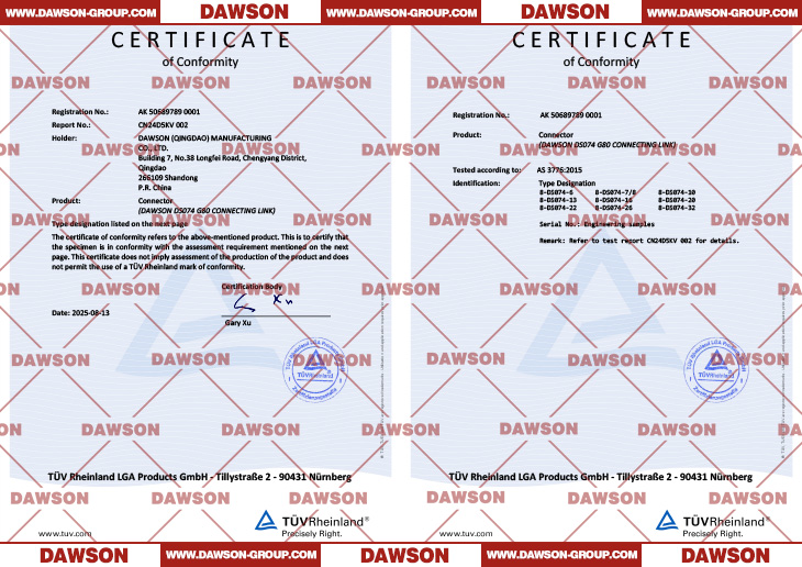 TUV AK Certificate, Certificate of Conformity (CoC) by TUV for Australia & New Zealand Standard ABOUT DAWSON DS074 G80 Forged Connecting Link - Dawson Group Ltd. - China Manufacturer, Supplier