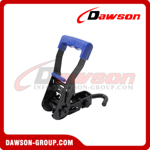 DAWSON 1.5'' X 3T X 200MM Electrophoresis Black Ratchet Lashing Buckle with Extra Long Blue Rubber Handle with Safety Lock and Swivel J Hook, 35MM Lashing Buckle