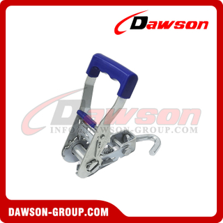 DAWSON 1.5'' X 3T X 200MM White Zinc Plated Ratchet Lashing Buckle with Extra Long Blue Rubber Handle with Safety Lock and Swivel J Hook, 35MM Lashing Buckle