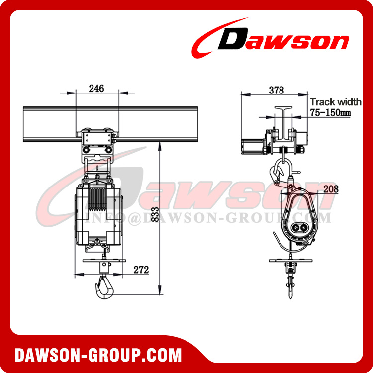 DAWSON DS-TNX Series Light Weight Suspension Type Wire Winch with a Monorail Trolley