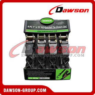 DAWSON DSRTDS-101 4PCS 1"×15' Square Ratchet Tie Down Straps Set for Cargo Securing