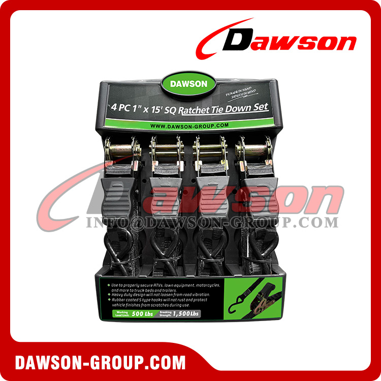 DAWSON DSRTDS-101 4PCS 1"×15' Square Ratchet Tie Down Straps Set for Cargo Securing