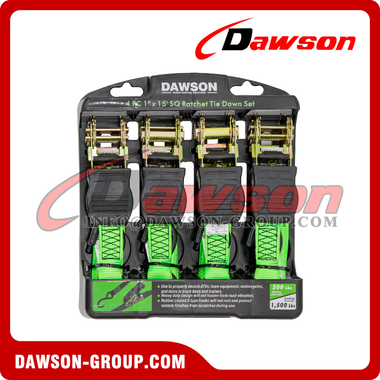 DAWSON DSRTDS-103 4PCS 1×15 Square Ratchet Tie Down Straps Set for Cargo Securing - Dawson Group Ltd. - China Manufacturer DAWSON DSRTDS-103 4PCS 1×15 Square Ratchet Tie Down Straps Set for Cargo Securing - Dawson Group Ltd. - China Manufacturer