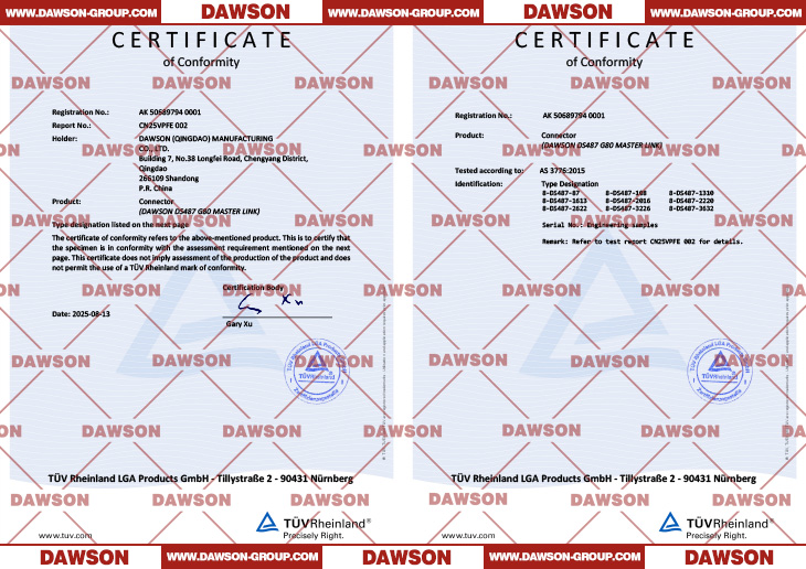 TUV AK Certificate, Certificate of Conformity (CoC) by TUV for Australia & New Zealand Standard ABOUT DAWSON DS487 G80 Master Link - Dawson Group Ltd. - China Manufacturer, Supplier, Factory