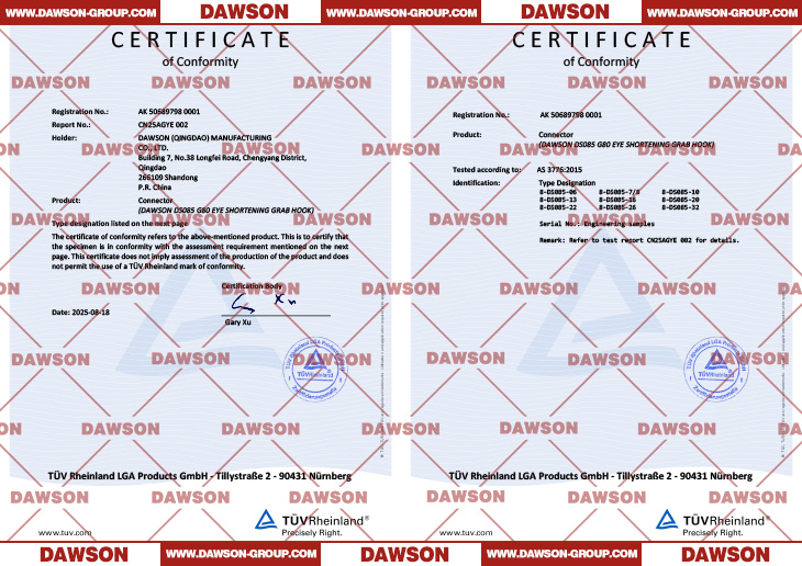 TUV AK Certificate, Certificate of Conformity (CoC) by TUV for Australia & New Zealand Standard ABOUT DAWSON DS085 G80 Eye Shortening Grab Hook - Dawson Group Ltd. - China Manufacturer, Supplier, Factory