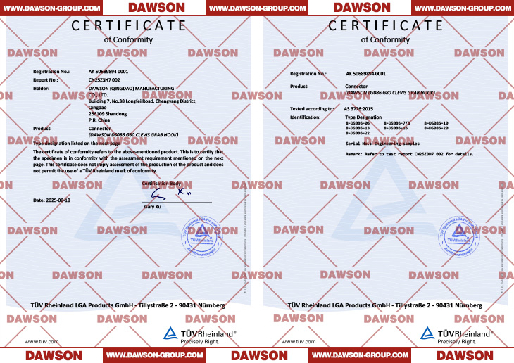 TUV AK Certificate, Certificate of Conformity (CoC) by TUV for Australia & New Zealand Standard ABOUT DAWSON DS086 G80 Forged Clevis Shortening Grab Hook - Dawson Group Ltd. - China Manufacturer, Supplier