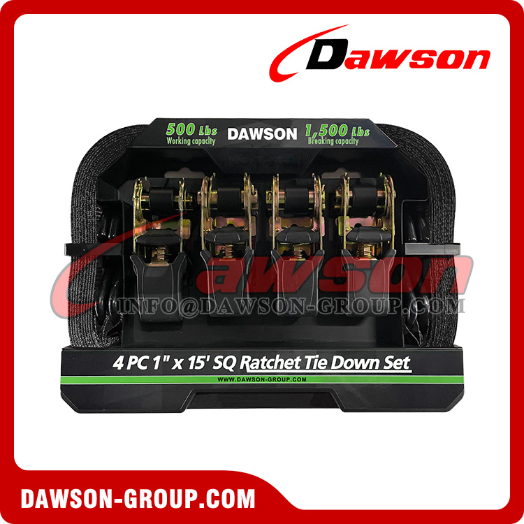 DAWSON DSRTDS-102 4PCS 1"×15' Square Ratchet Tie Down Straps Set for Cargo Securing