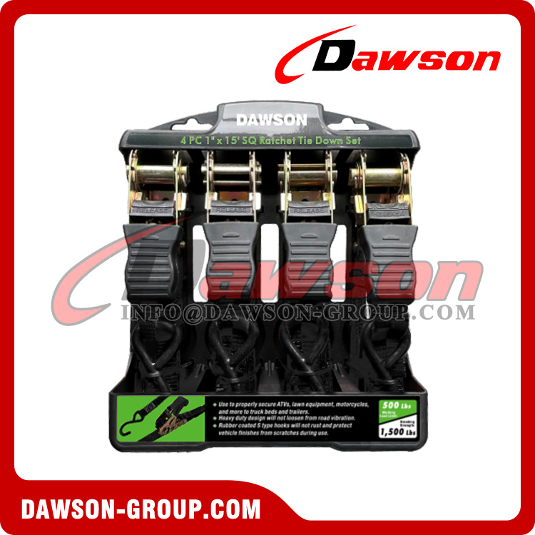 DAWSON DSRTDS-103 4PCS 1"×15' Square Ratchet Tie Down Straps Set for Cargo Securing