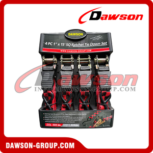 DAWSON DSRTDS-101 4PCS 1"×15' Square Ratchet Tie Down Straps Set for Cargo Securing