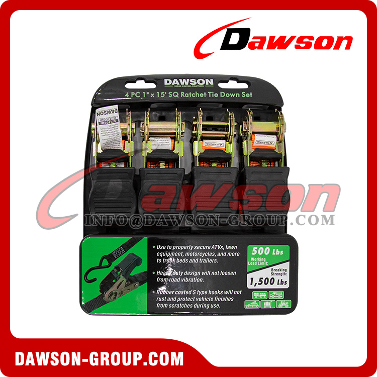 DAWSON DSRTDS-104 4PCS 1×15 Square Ratchet Tie Down Straps Set for Cargo Securing - Dawson Group Ltd. - China Manufacturer, Factory DAWSON DSRTDS-104 4PCS 1×15 Square Ratchet Tie Down Straps Set for Cargo Securing - Dawson Group Ltd. - China Manufacturer, Factory