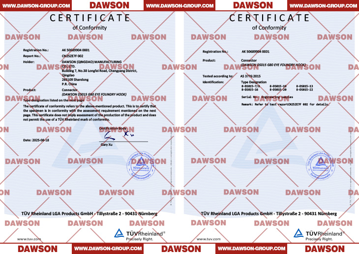 TUV AK Certificate, Certificate of Conformity (CoC) by TUV for Australia & New Zealand Standard ABOUT DAWSON DS015 G80 Eye Foundry Hook - Dawson Group Ltd. - China Manufacturer, Supplier, Factory