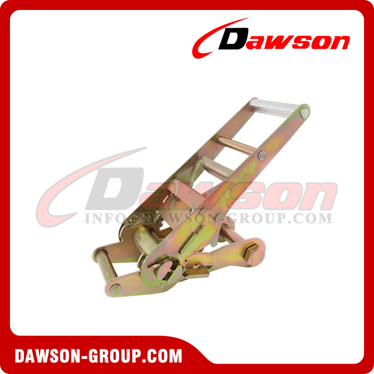 DAWSON 10T 75MM Electric Yellow Galvanized Aluminum Ergo Ratchet Lashing Buckle, Long Lever Ergonomic Ratchet Lashing Buckles