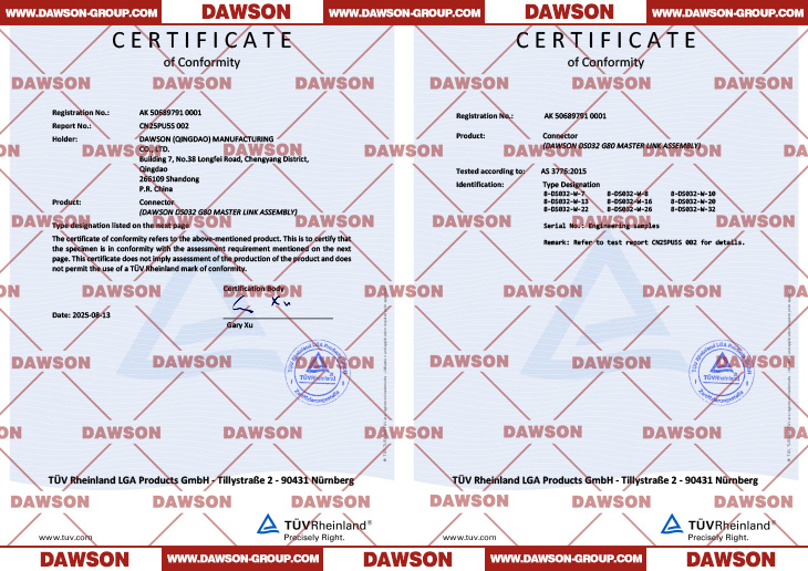 TUV AK Certificate, Certificate of Conformity (CoC) by TUV for Australia & New Zealand Standard ABOUT DAWSON DS032 A-346 G80 European Type Master Link Assembly - Dawson Group Ltd. - China Manufacturer