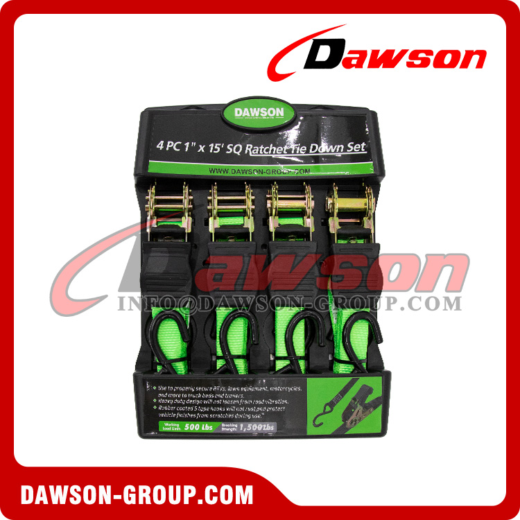 DAWSON DSRTDS-101 4PCS 1×15 Square Ratchet Tie Down Straps Set for Cargo Securing - Dawson Group Ltd. - China Manufacturer, Supplier, Factory DAWSON DSRTDS-101 4PCS 1×15 Square Ratchet Tie Down Straps Set for Cargo Securing - Dawson Group Ltd. - China Manufacturer, Supplier, Factory