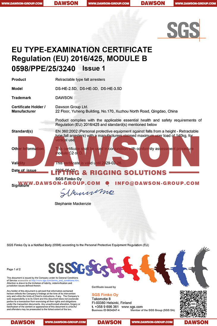SGS Certificate of DS-HE-2.5D DS-HE-3D DS-HE-3.5D Retractable Type Fall Arresters - Dawson Group Ltd. - China Factory, Supplier