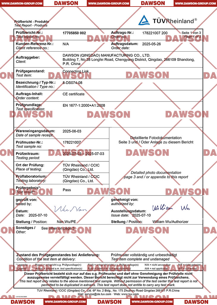 TUV CE Certificate Report ABOUT DAWSON DS074 G80 Connecting Link - Dawson Group Ltd. - China Manufacturer, Supplier, Factory