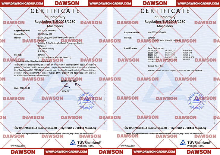 TUV CE Certificate ABOUT DAWSON DG210 S6 Screw Pin Dee Shackle - Dawson Group Ltd. - China Manufacturer, Supplier, Factory