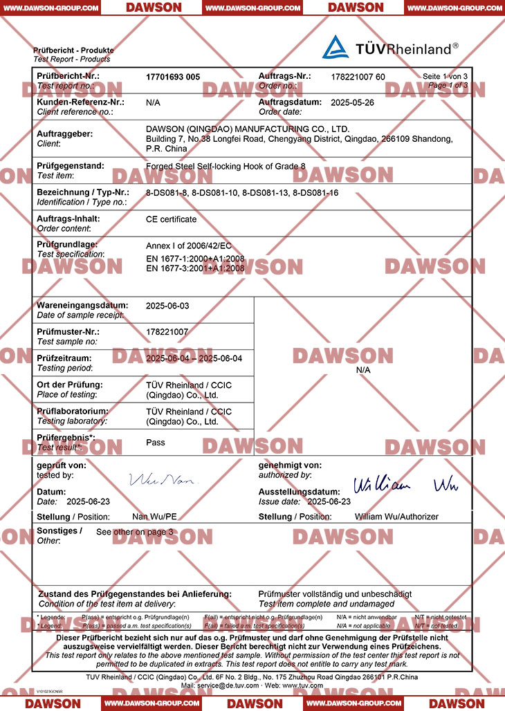 TUV CE Certificate Report ABOUT DAWSON DS081 Forged Steel Self-locking Hook of Grade 8 - Dawson Group Ltd. - China Manufacturer, Supplier, Factory