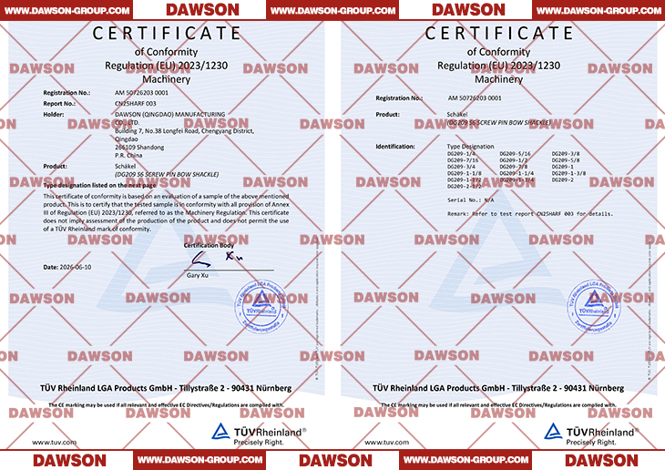TUV CE Certificate ABOUT DAWSON DG209 S6 Screw Pin Bow Shackle - Dawson Group Ltd. - China Manufacturer, Supplier, Factory