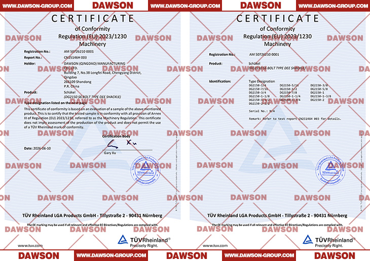 TUV CE Certificate ABOUT DAWSON DG2150 S6 Bolt Type Dee Shackle - Dawson Group Ltd. - China Manufacturer, Supplier, Factory