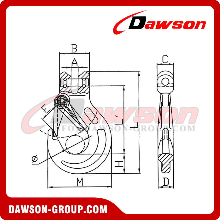 DS1004 G100 6-22MM Forged Clevis Sling Hook with Safety Latch for Chain Sling Fitting, Forged Clevis Slip Hook
