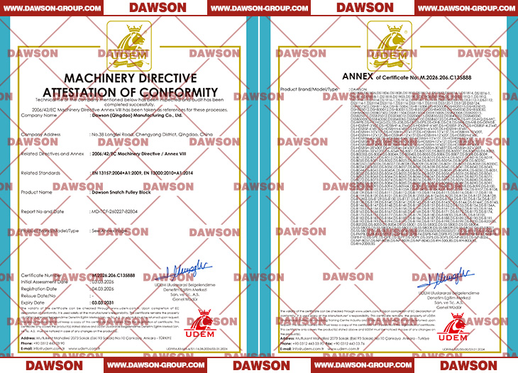UDEM CE CERTIFICATE ABOUT DAWSON Snatch Pulley Block - Dawson Group Ltd. - China Manufacturer, Factory, Supplier