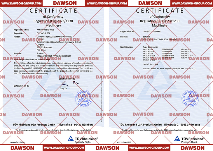 TUV CE Certificate ABOUT DAWSON DG2130 S6 Bolt Type Bow Shackle - Dawson Group Ltd. - China Manufacturer, Supplier, Factory